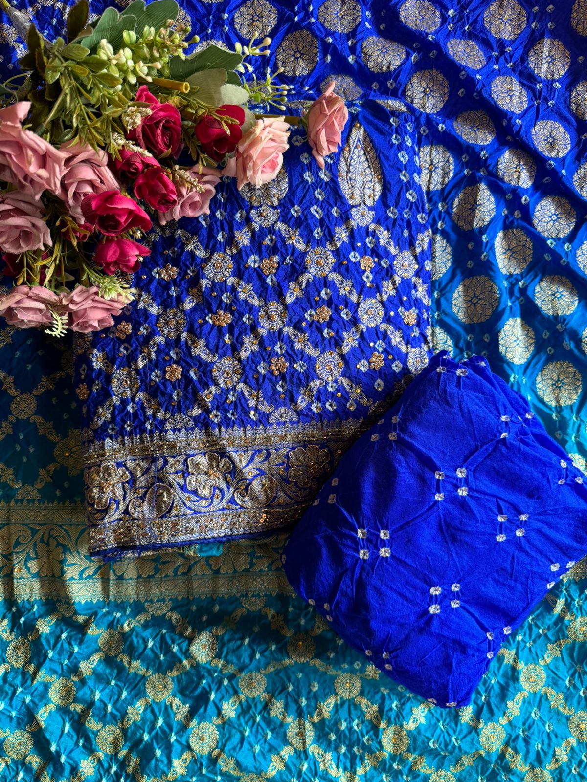 Pure bandhani Crushed ombré Zari weaving suits