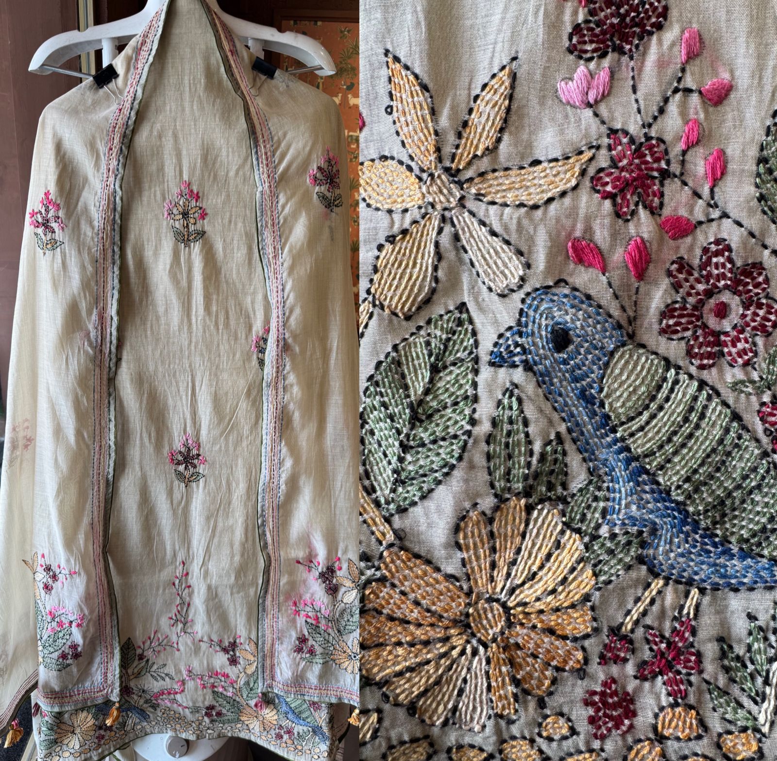 Mul chanderi Shirt with Kantha work