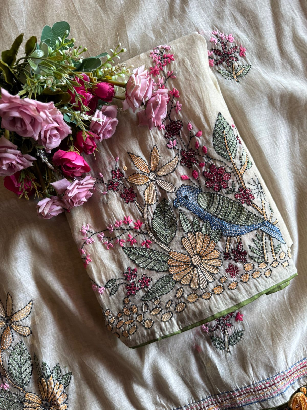 Mul chanderi Shirt with Kantha work