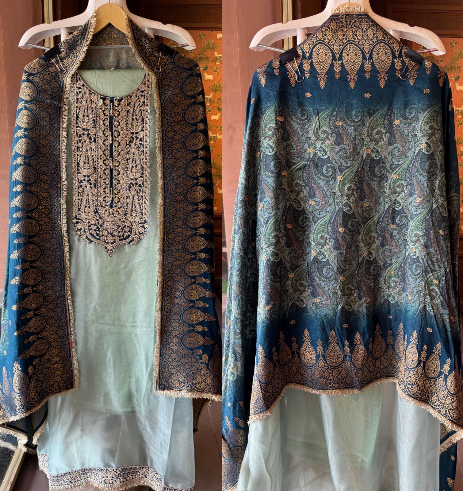 Tissue Unstitched shirt with Heavily embroidered neck design