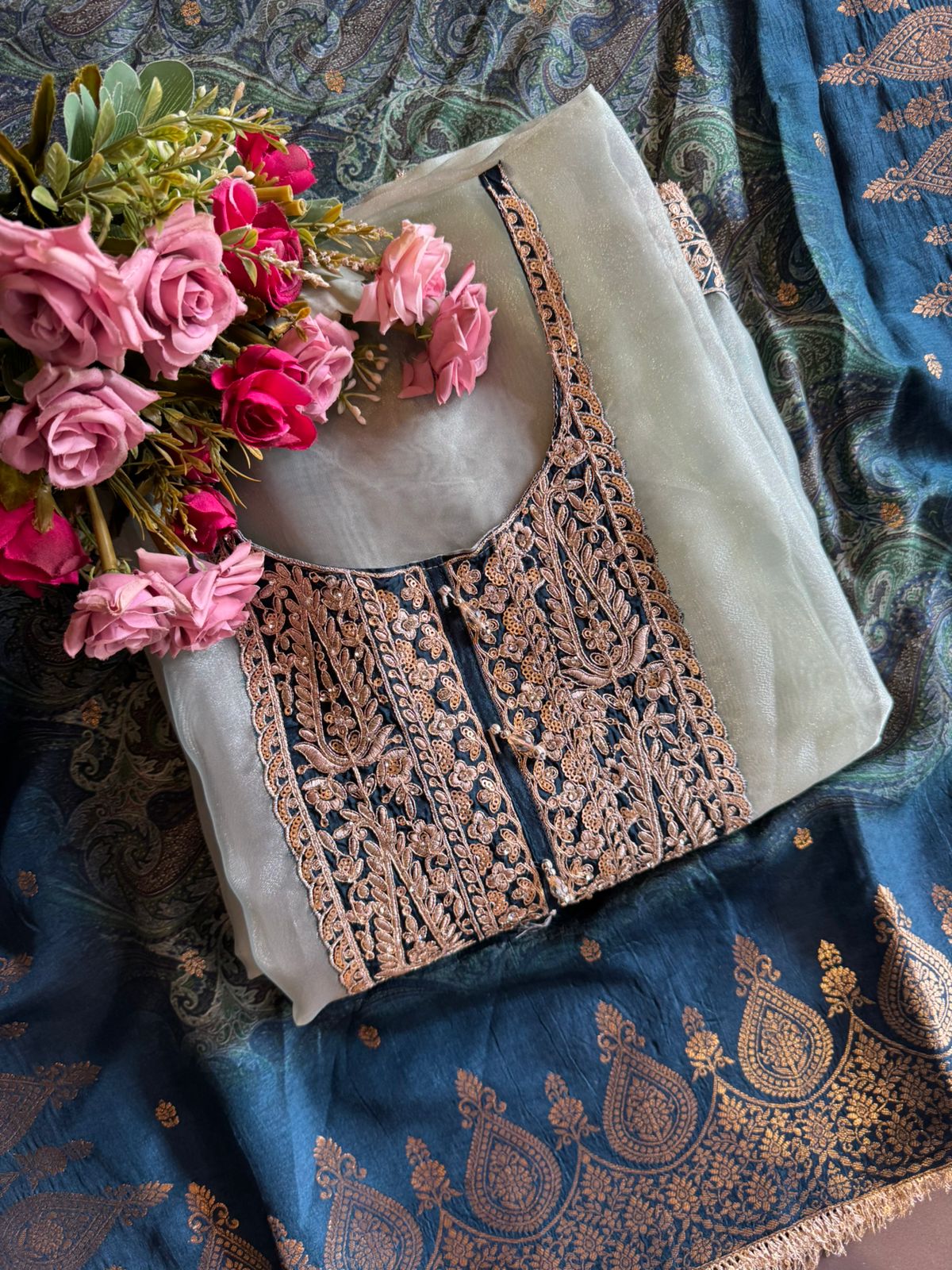 Tissue Unstitched shirt with Heavily embroidered neck design