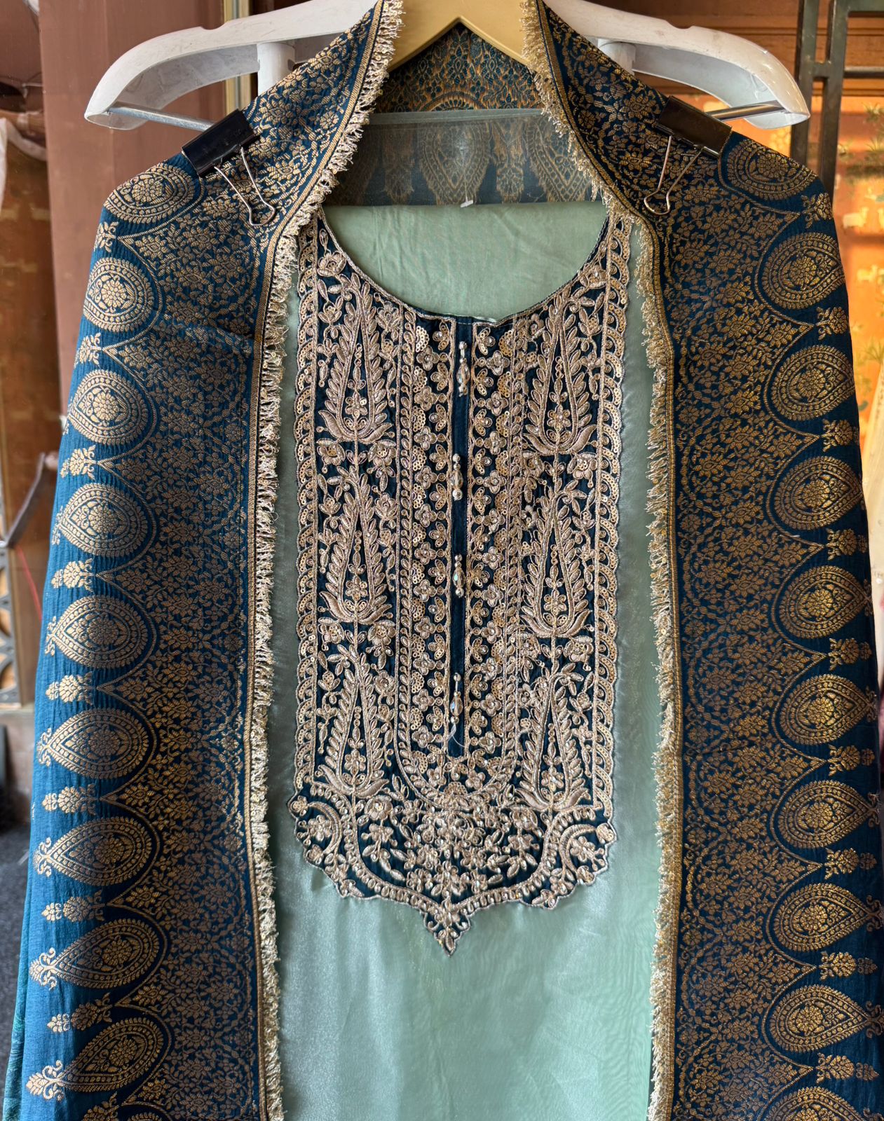 Tissue Unstitched shirt with Heavily embroidered neck design