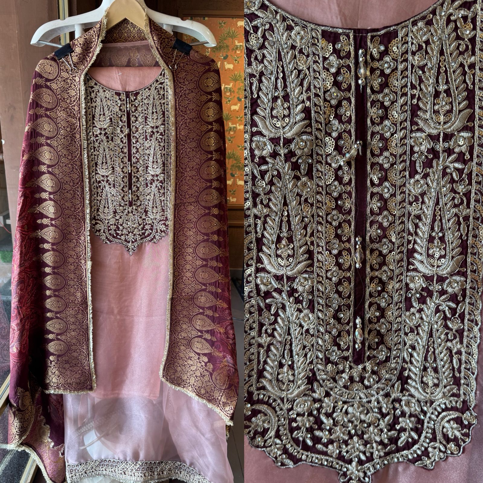 Tissue Unstitched shirt with Heavily embroidered neck design