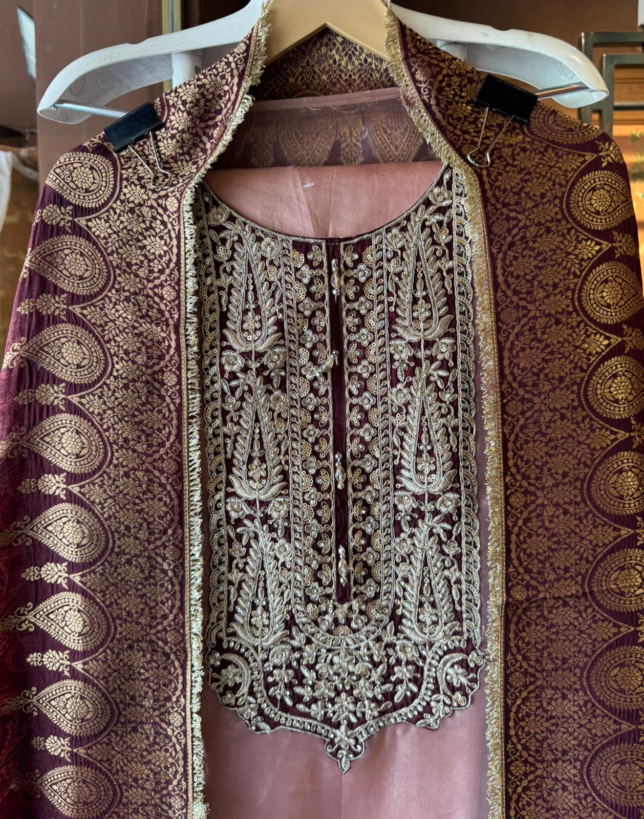 Tissue Unstitched shirt with Heavily embroidered neck design