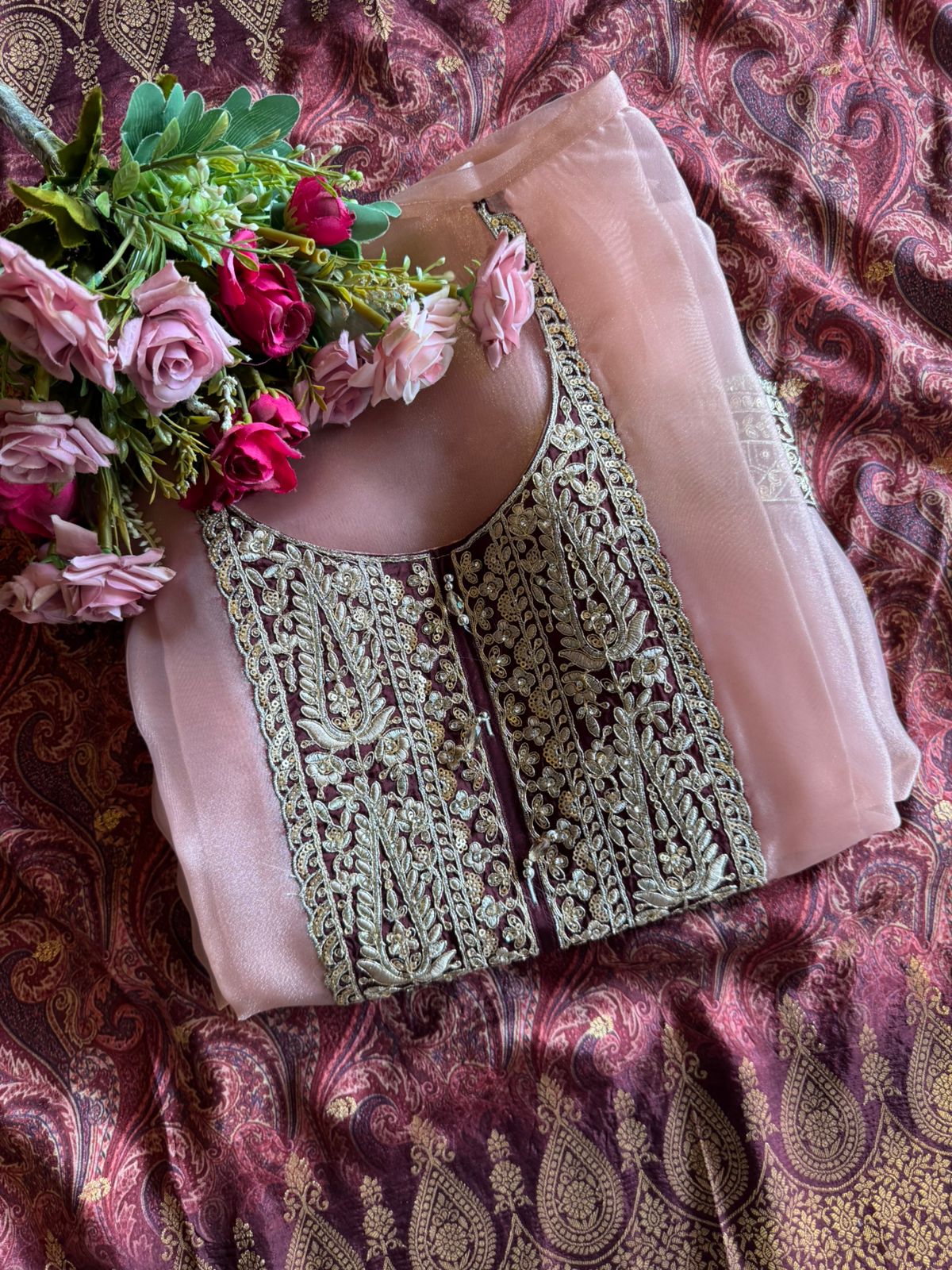 Tissue Unstitched shirt with Heavily embroidered neck design