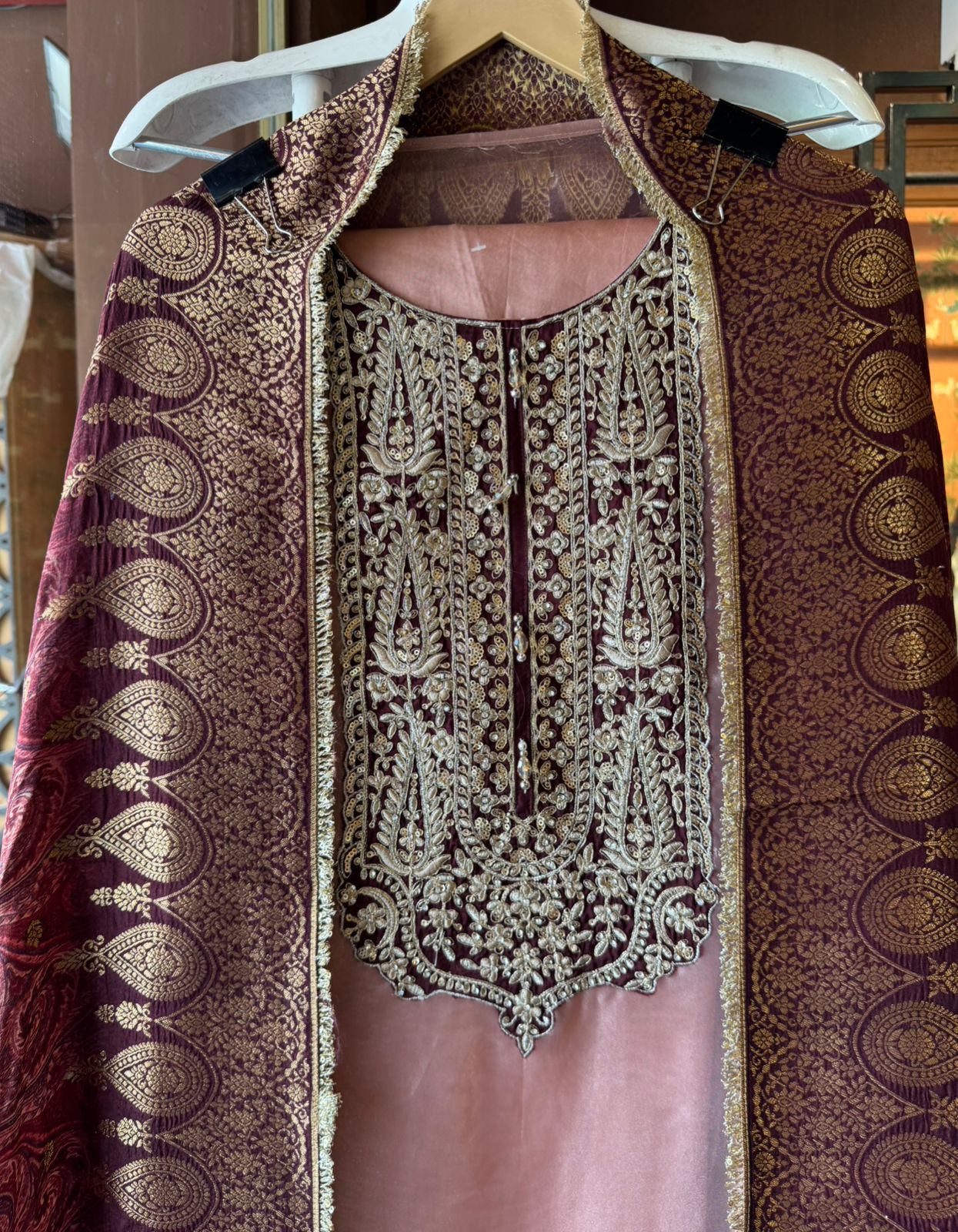 Tissue Unstitched shirt with Heavily embroidered neck design