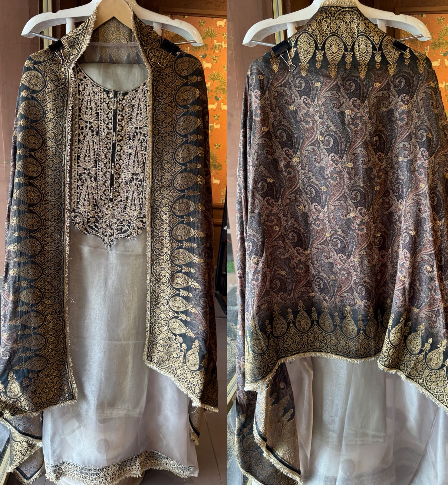 Tissue Unstitched shirt with Heavily embroidered neck design