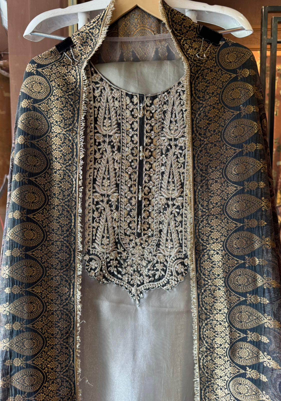 Tissue Unstitched shirt with Heavily embroidered neck design