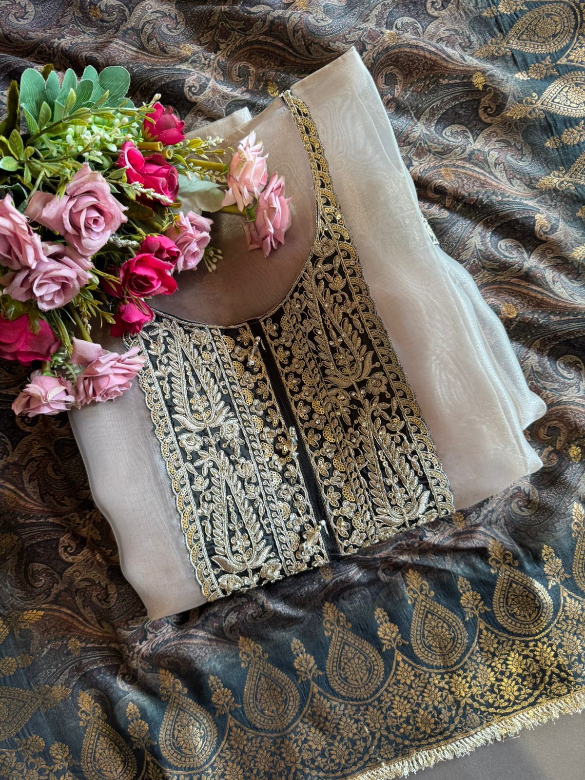 Tissue Unstitched shirt with Heavily embroidered neck design