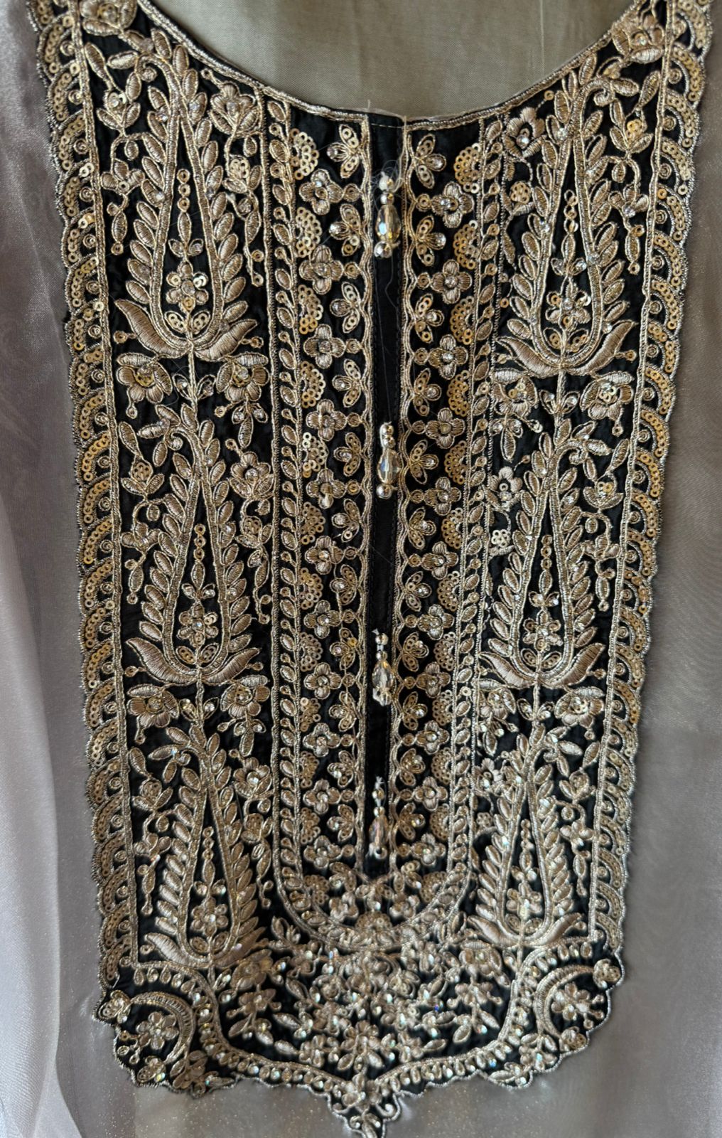 Tissue Unstitched shirt with Heavily embroidered neck design