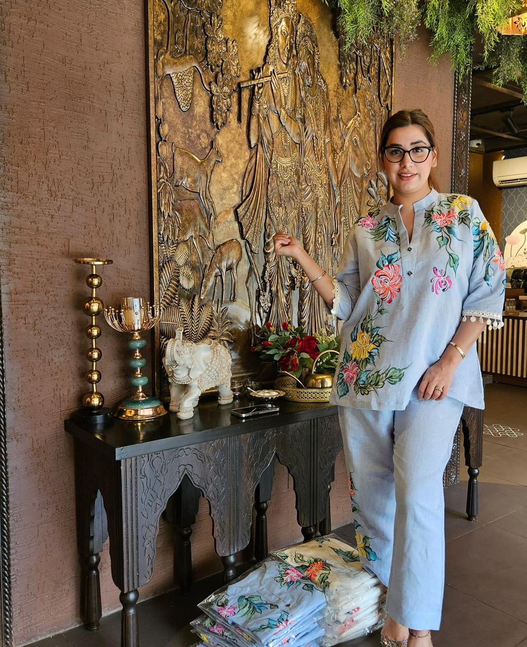 Pure linen cotton COORD set handpainted