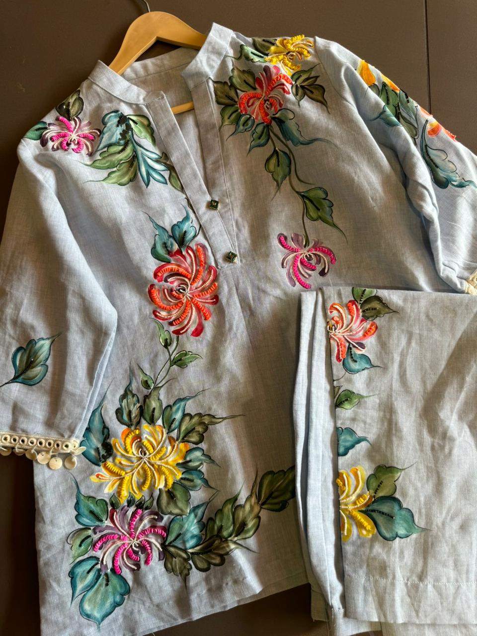 Pure linen cotton COORD set handpainted