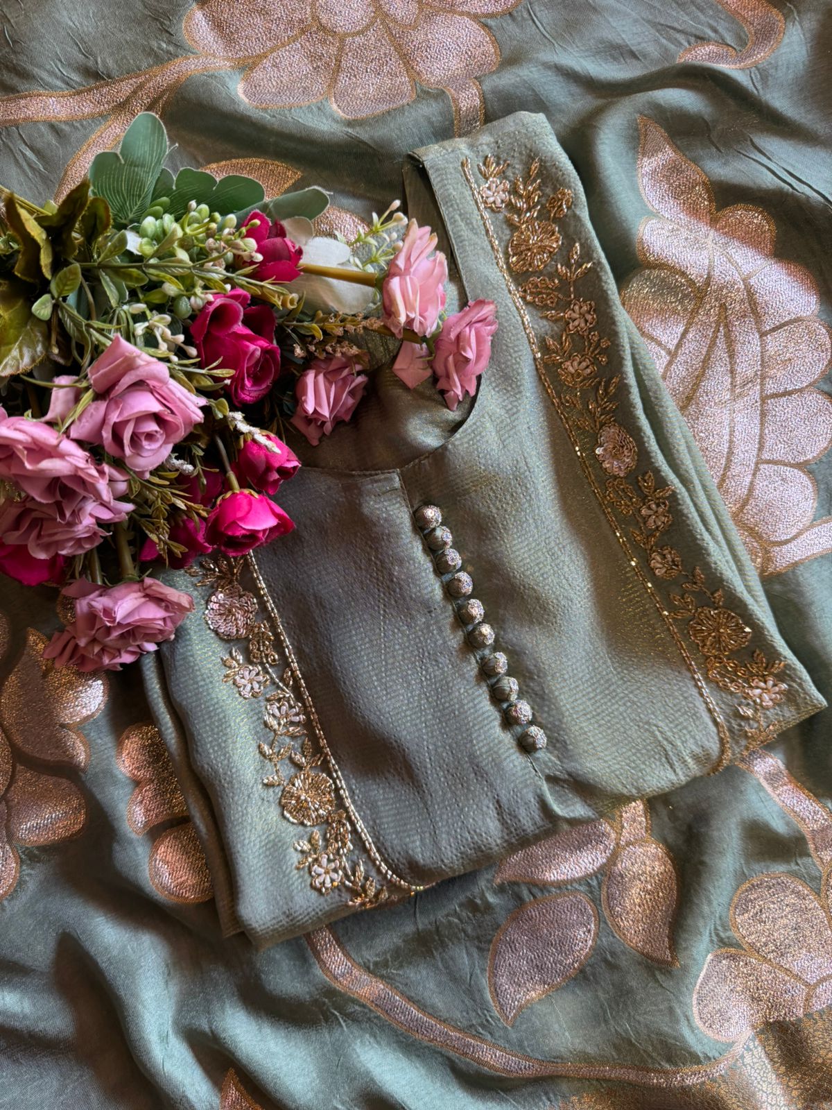 Self Tissue Kurta with Gold lurex Semi stitched shirt