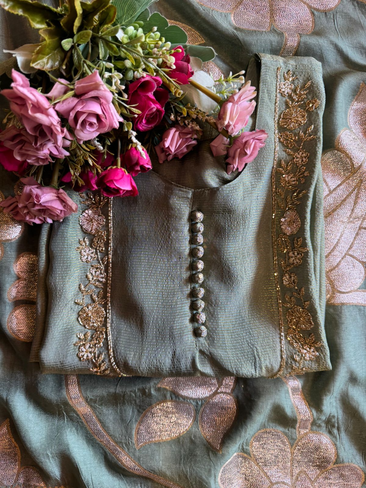 Self Tissue Kurta with Gold lurex Semi stitched shirt