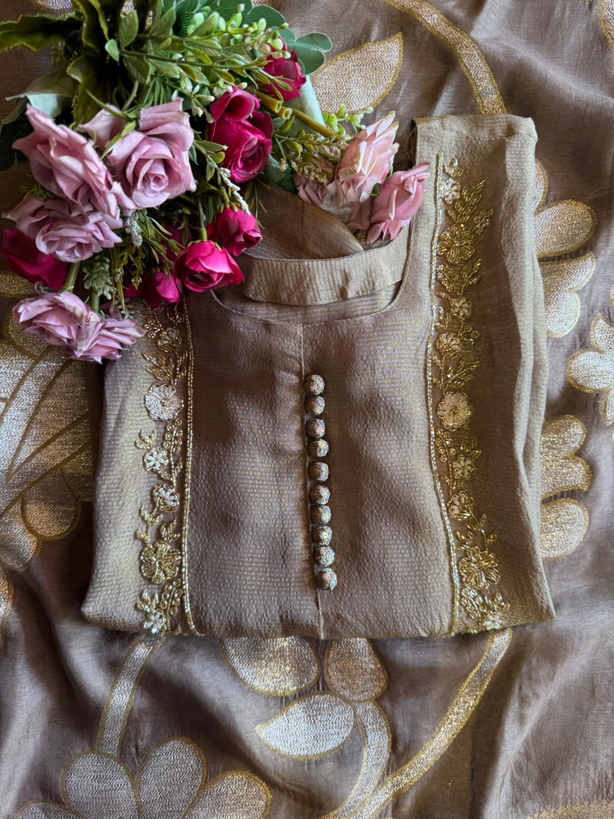 Self Tissue Kurta with Gold lurex Semi stitched shirt