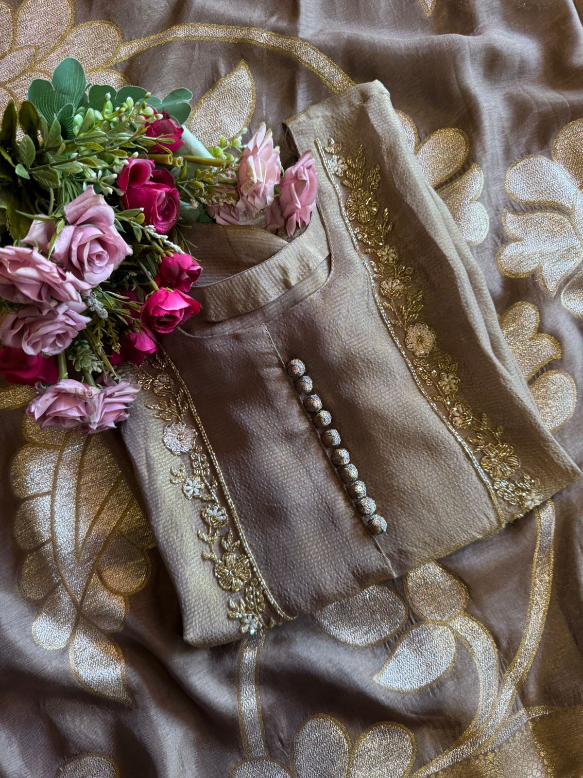 Self Tissue Kurta with Gold lurex Semi stitched shirt