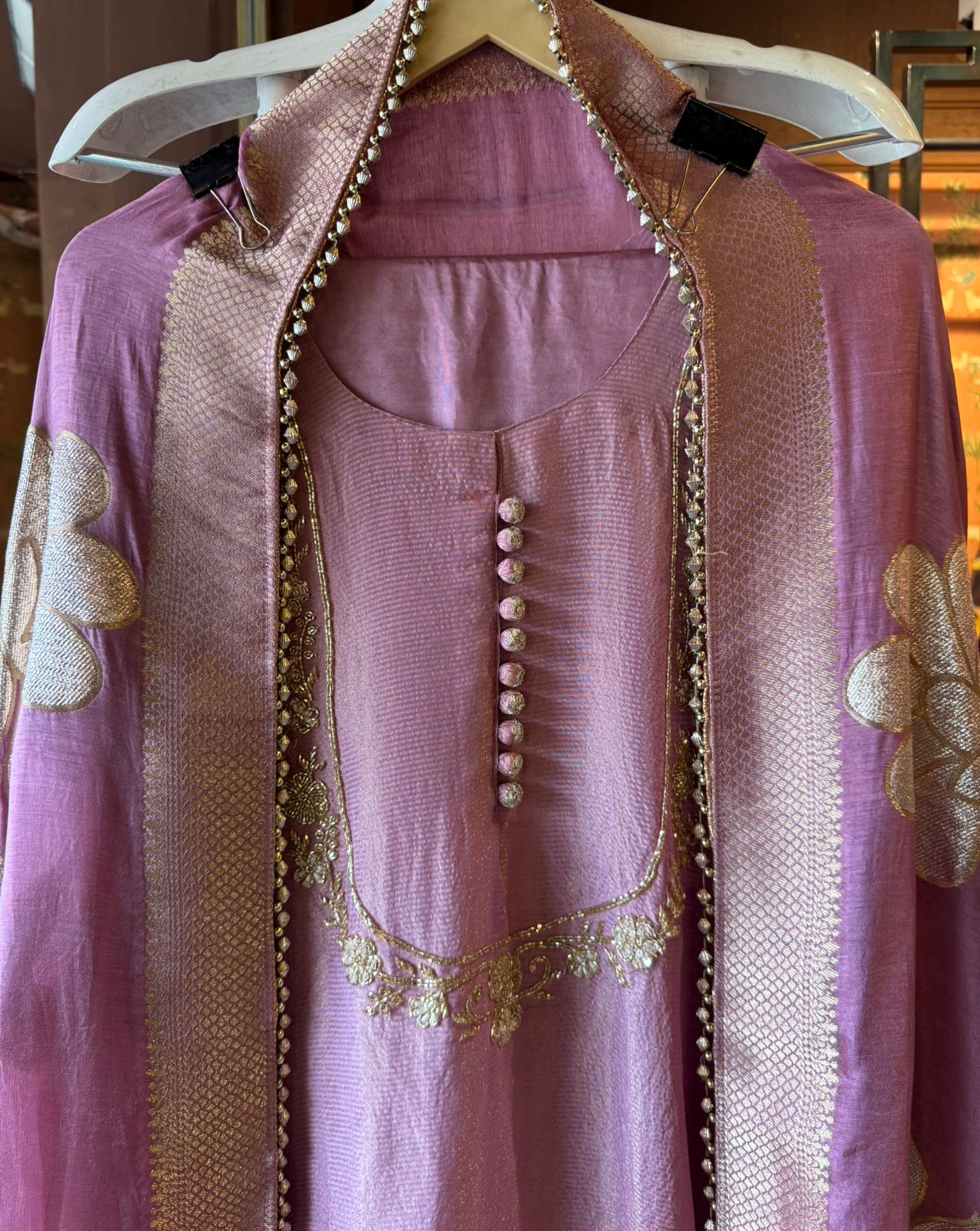 Self Tissue Kurta with Gold lurex Semi stitched shirt