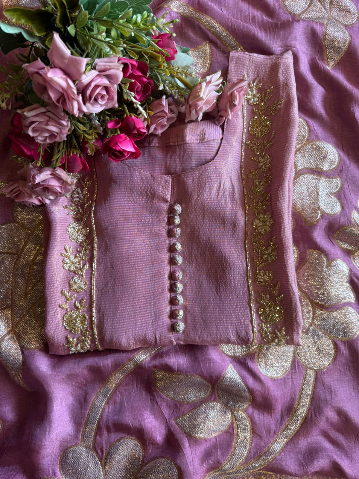 Self Tissue Kurta with Gold lurex Semi stitched shirt