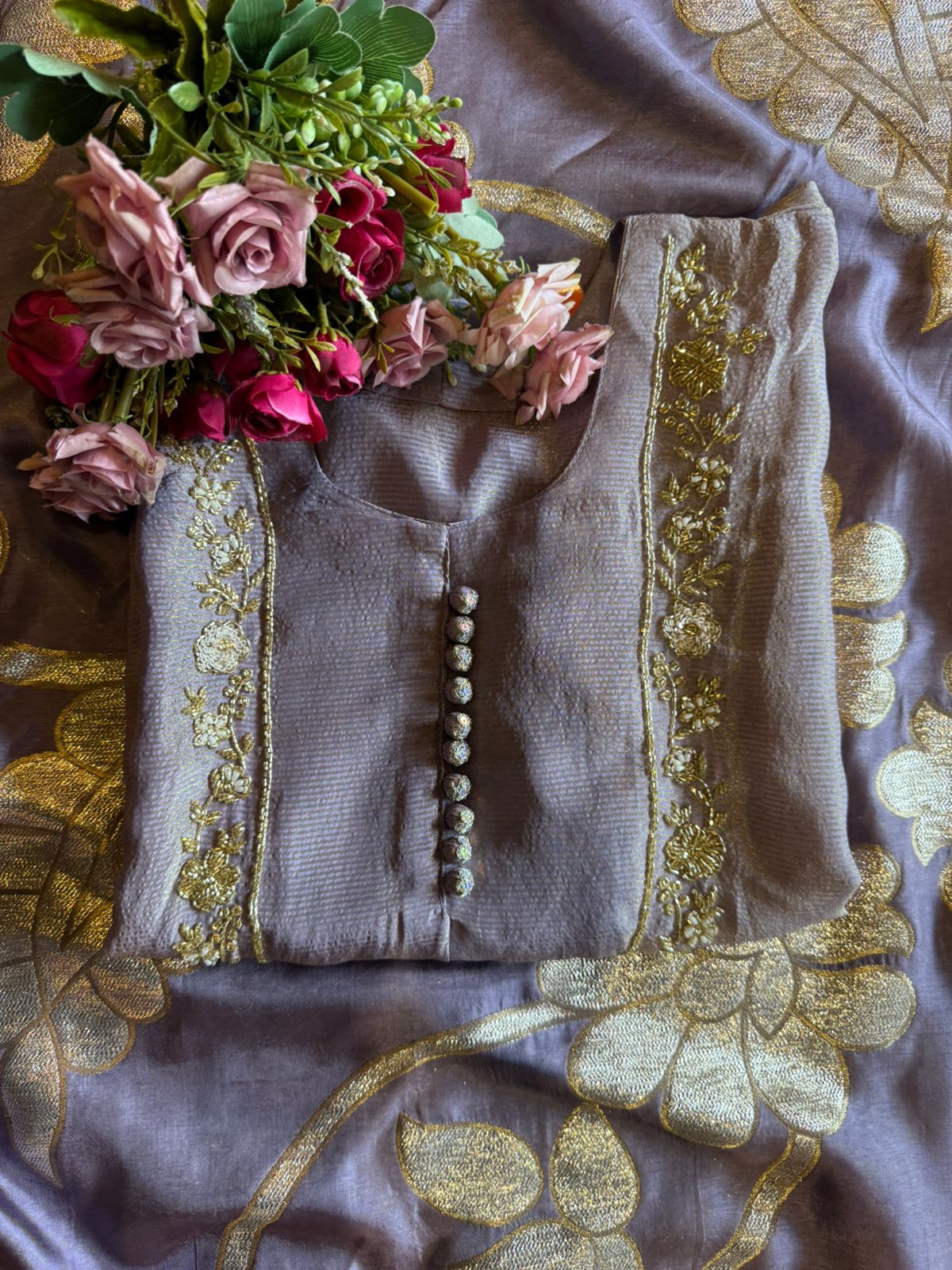 Self Tissue Kurta with Gold lurex Semi stitched shirt