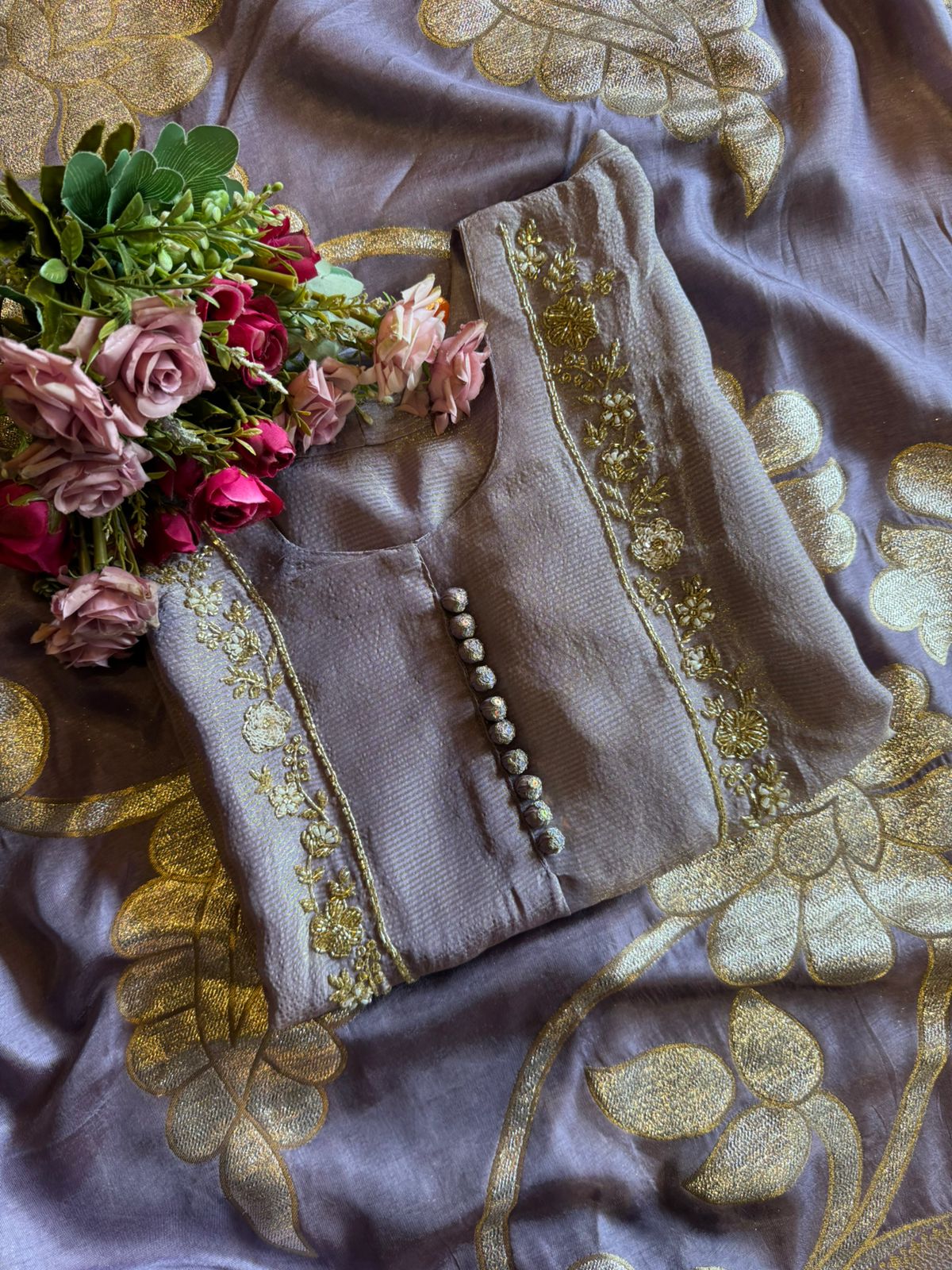 Self Tissue Kurta with Gold lurex Semi stitched shirt