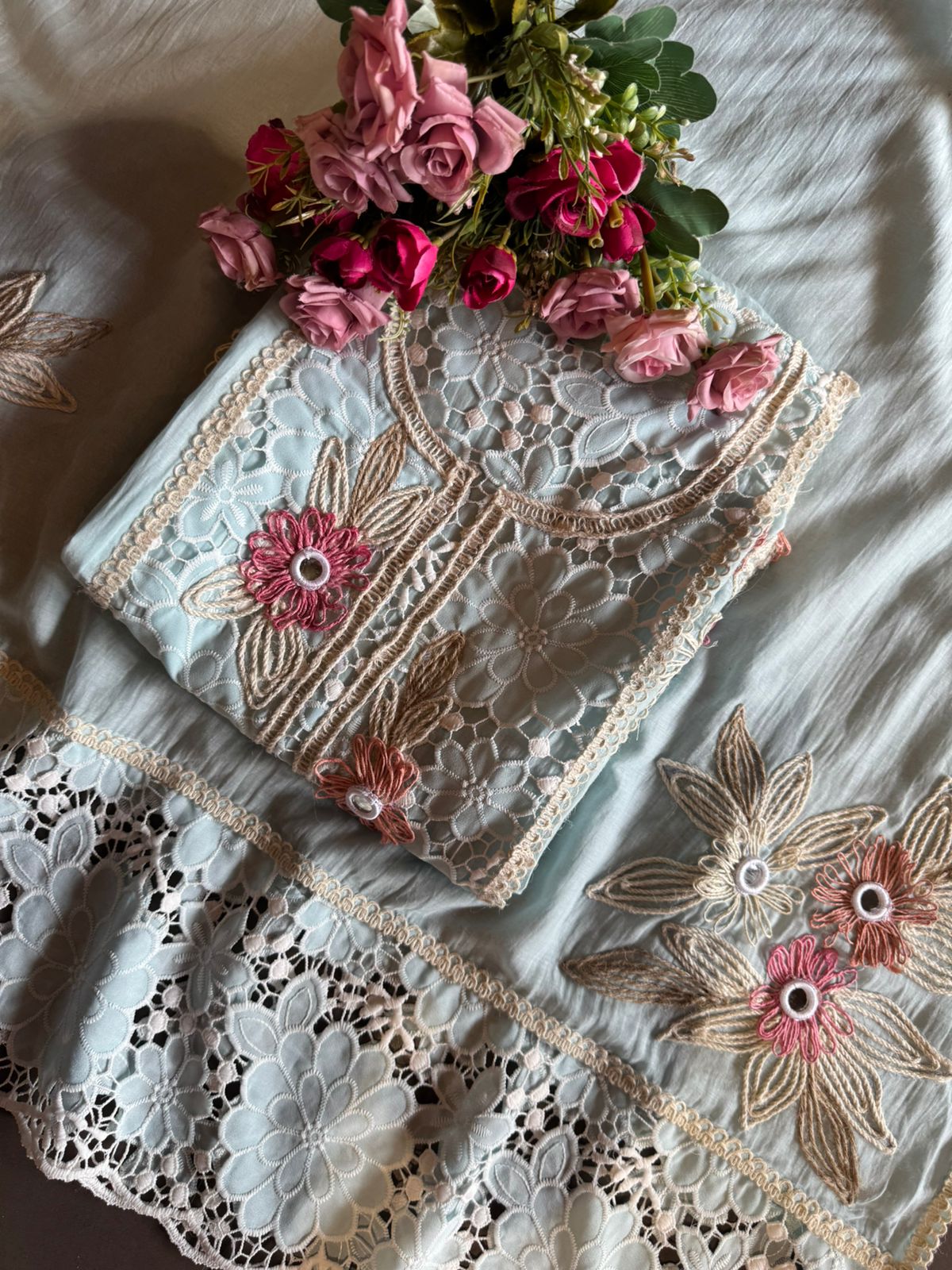 Designer Mul cotton Floral cutwork crochet