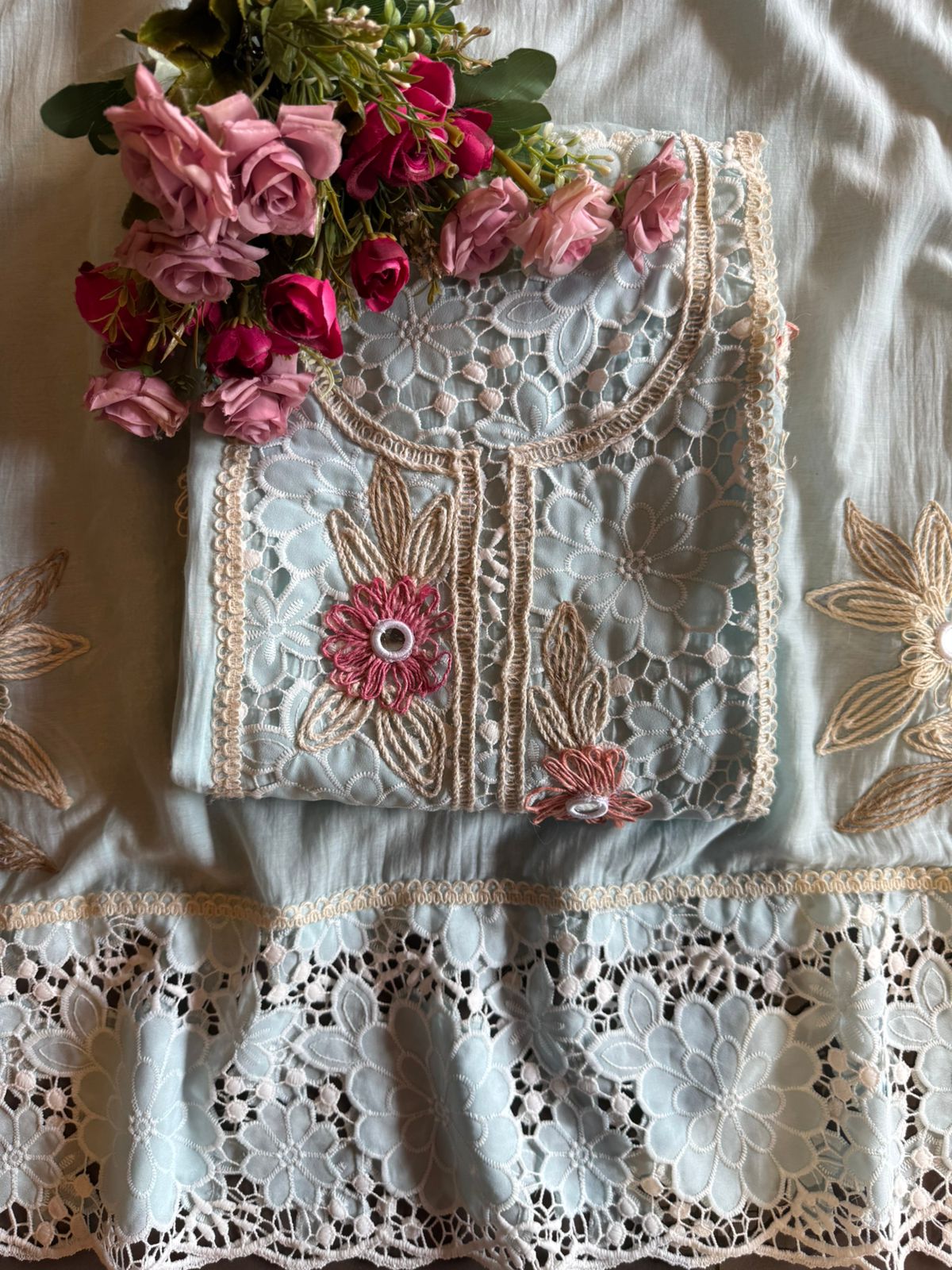 Designer Mul cotton Floral cutwork crochet