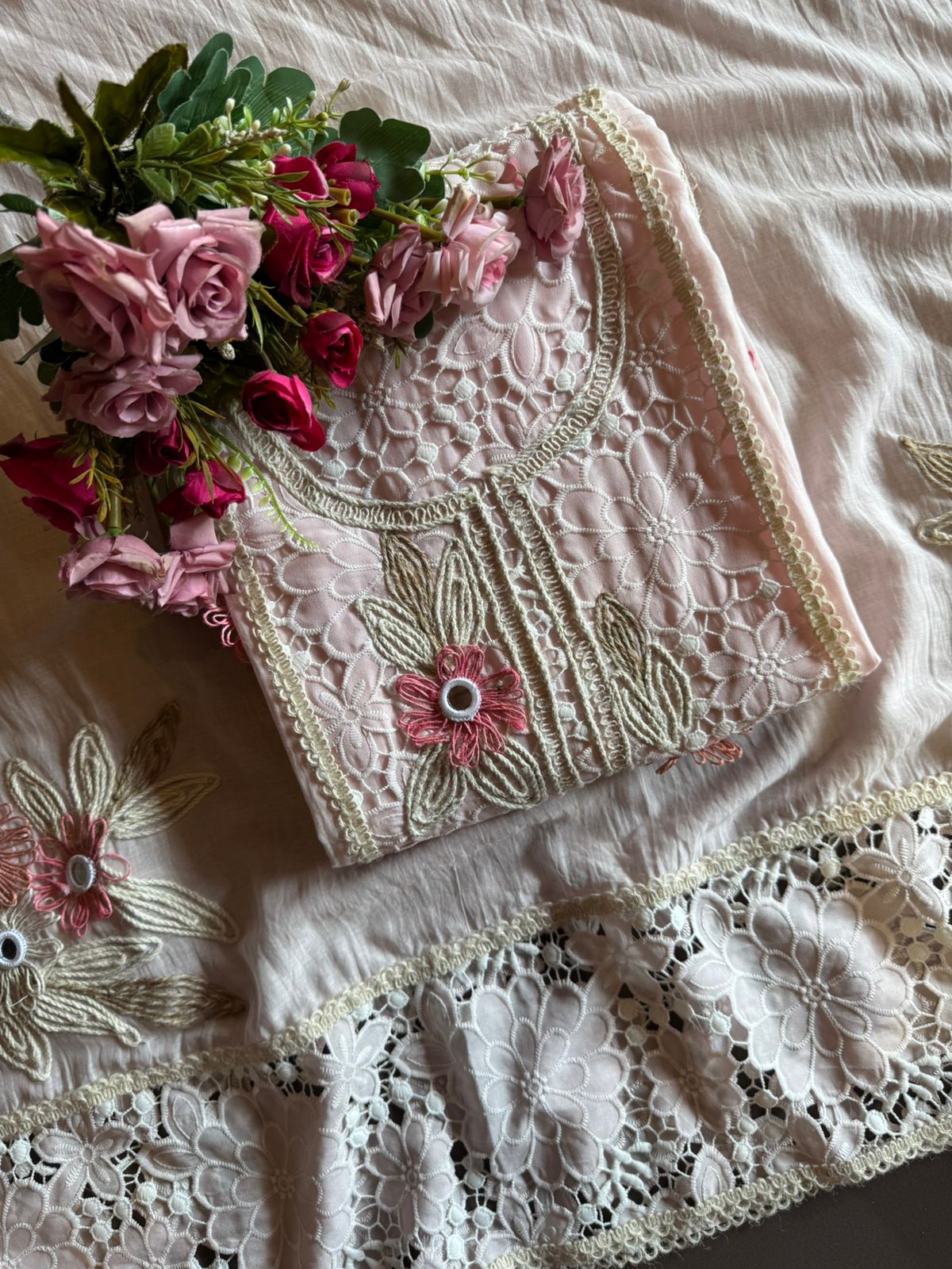 Designer Mul cotton Floral cutwork crochet