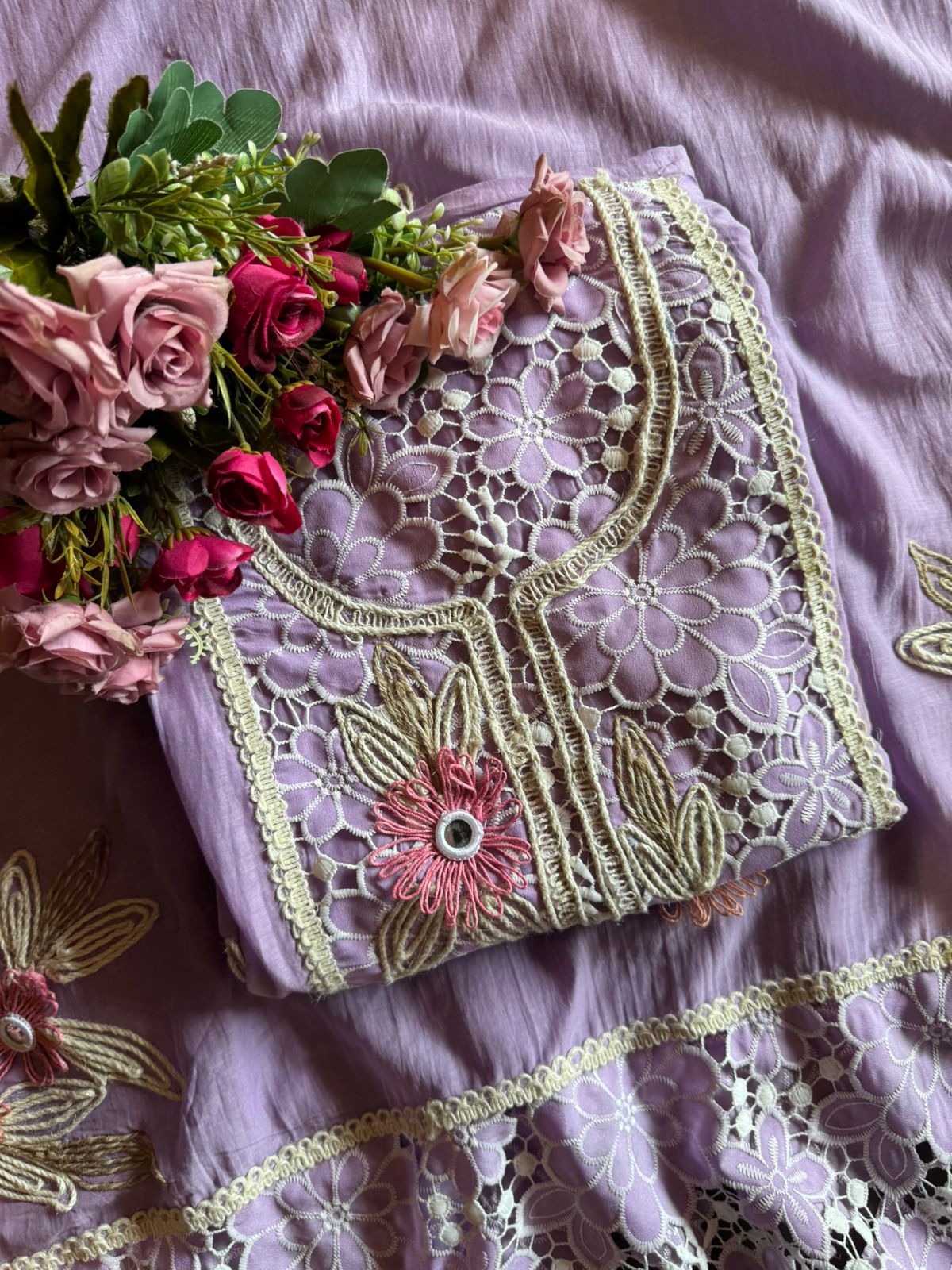 Designer Mul cotton Floral cutwork crochet