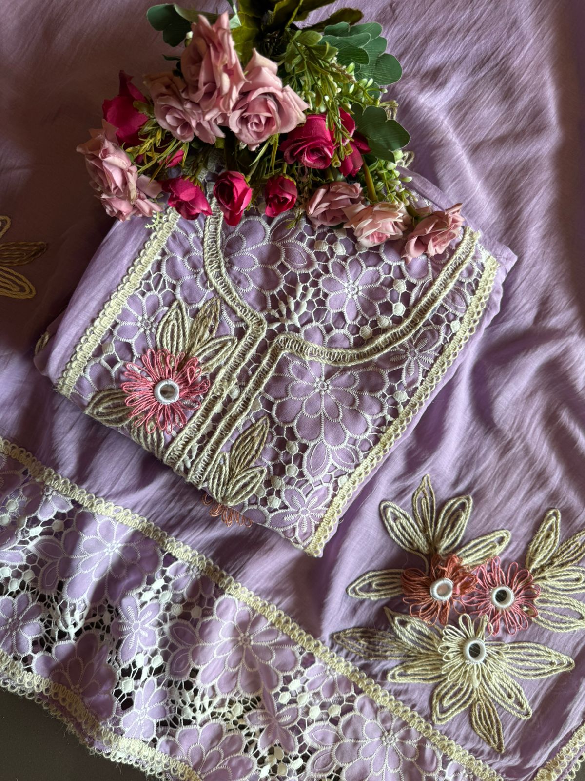 Designer Mul cotton Floral cutwork crochet