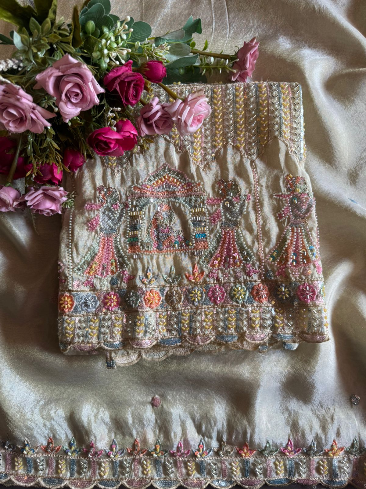 Handwork pieces On pure shimmer tissue shirt