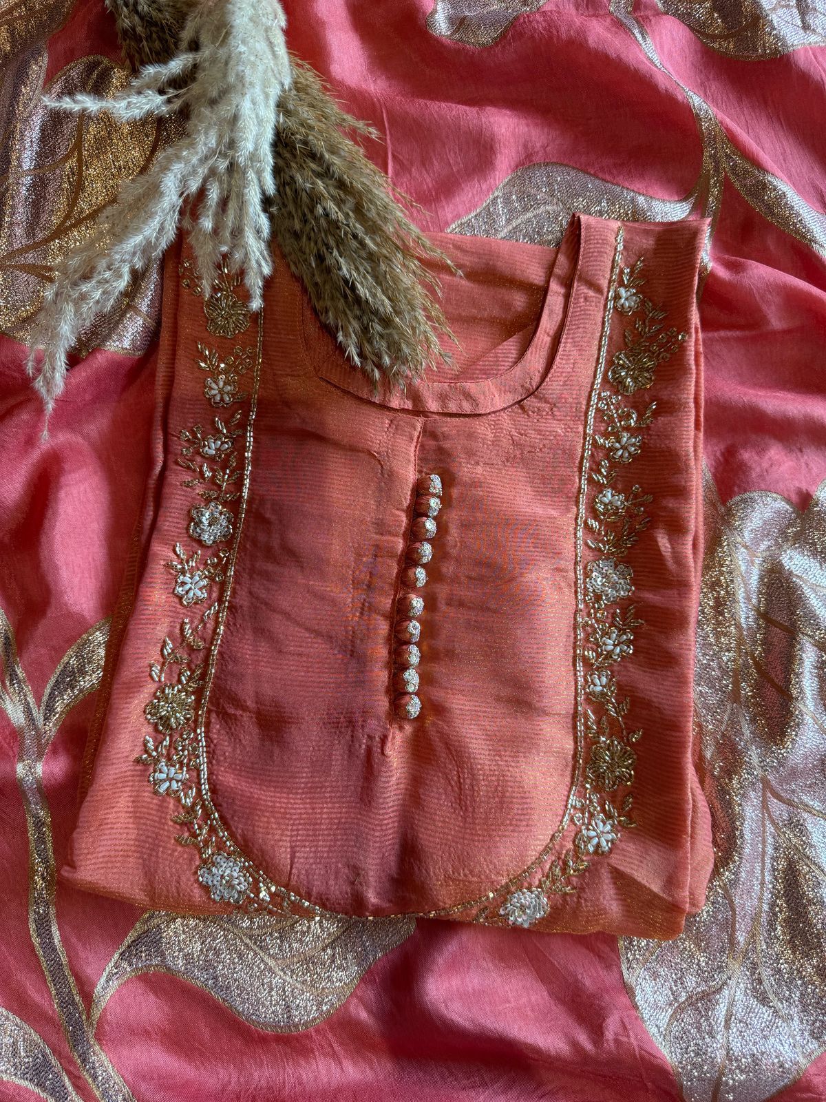 Self Tissue Kurta with Gold lurex Semi stitched shirt