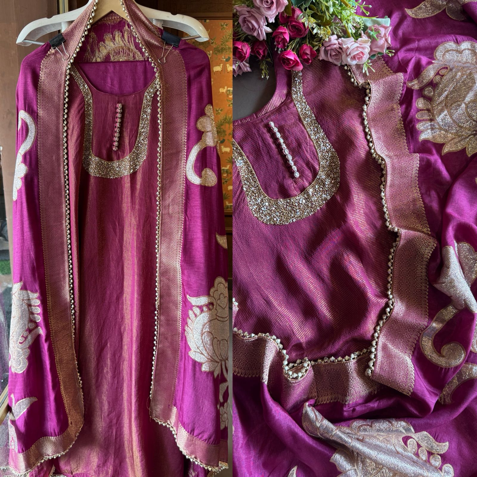 Self Tissue Kurta with Gold lurex Semi stitched shirt