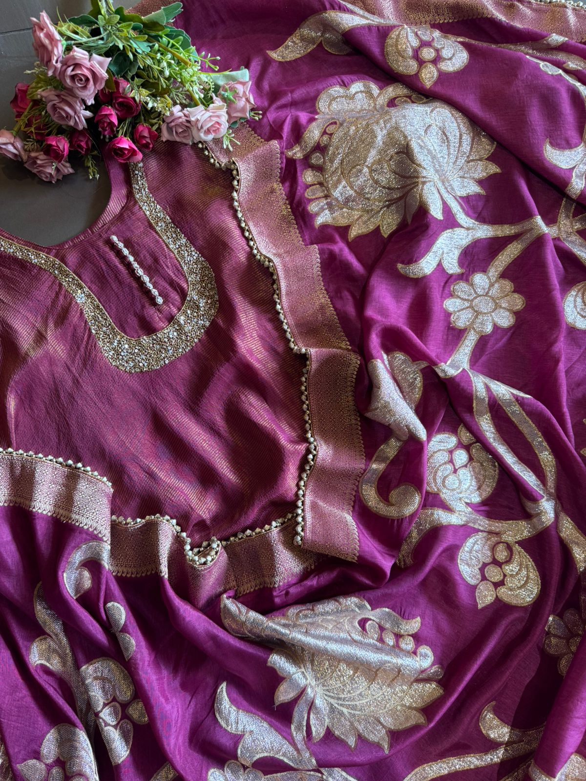 Self Tissue Kurta with Gold lurex Semi stitched shirt