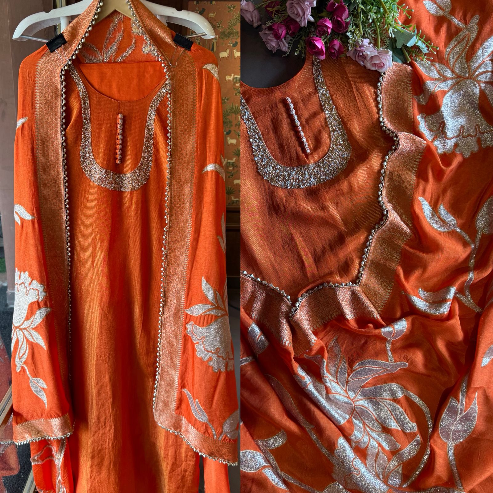 Self Tissue Kurta with Gold lurex Semi stitched shirt