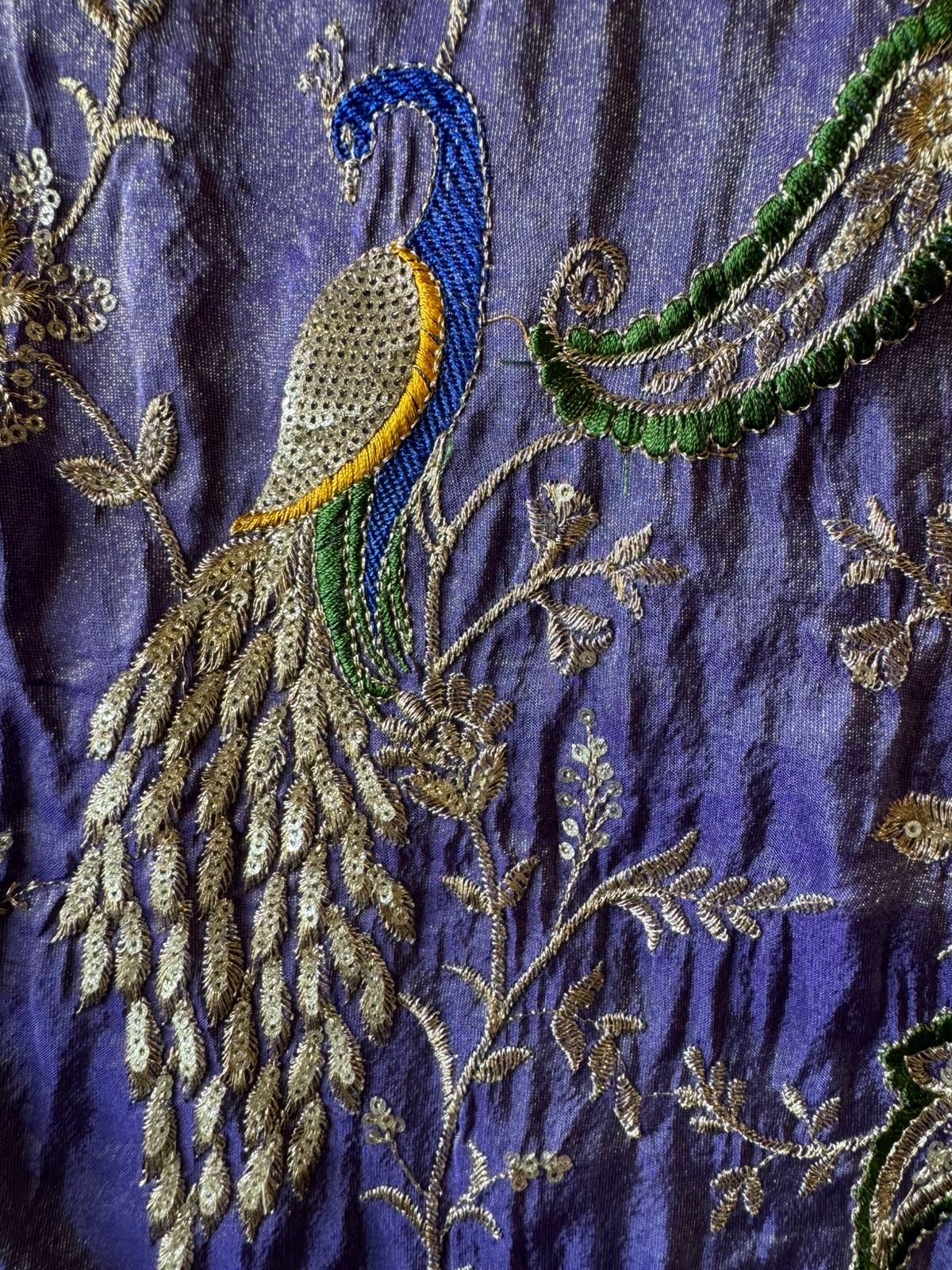 zardozi-style embroidery on shimmer tissue
