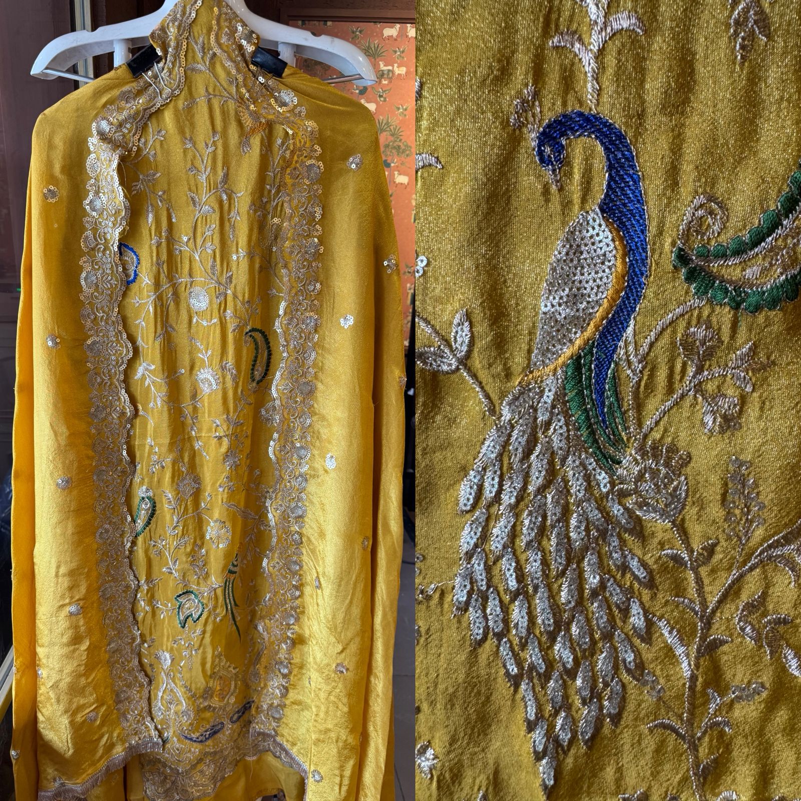 zardozi-style embroidery on shimmer tissue