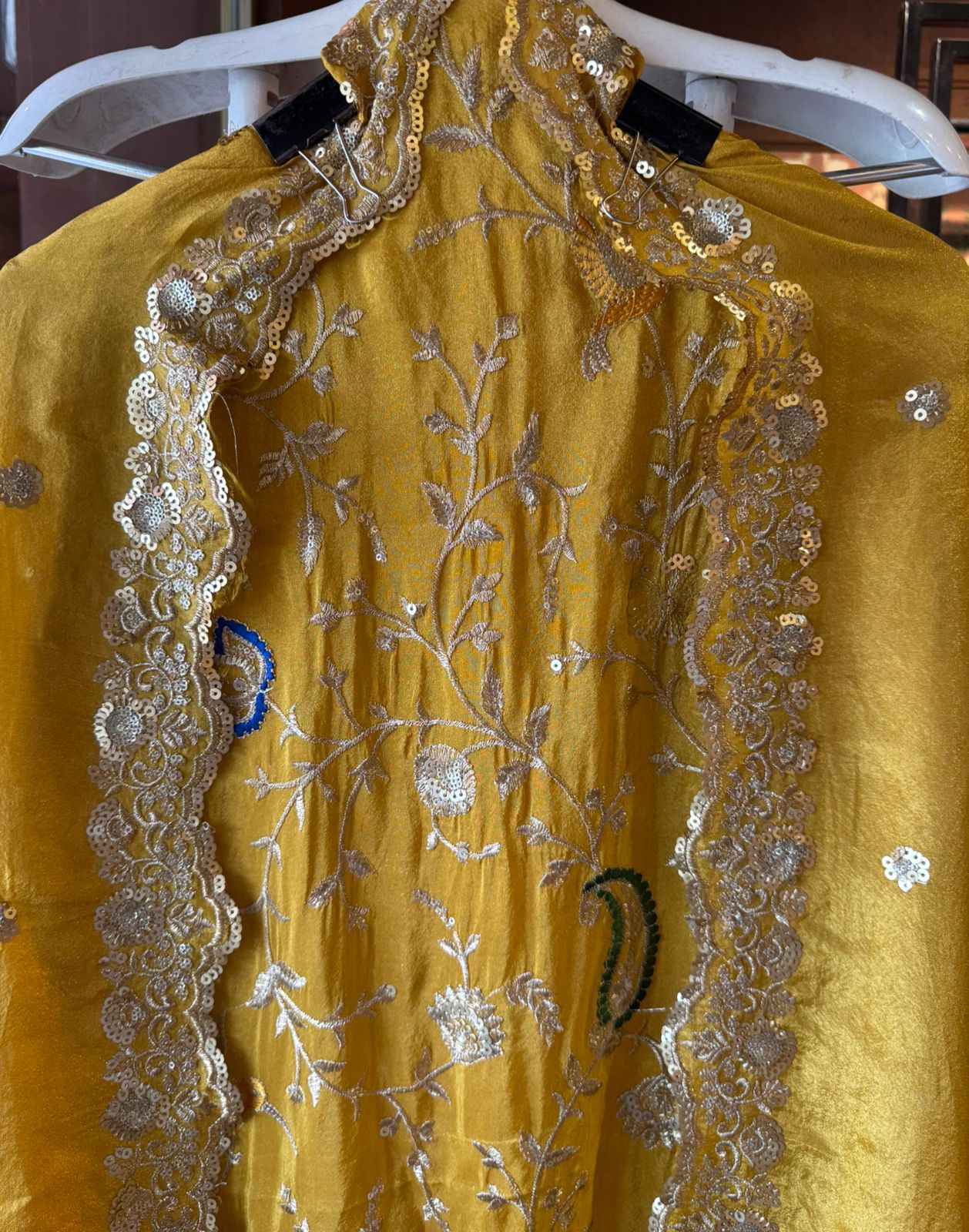 zardozi-style embroidery on shimmer tissue