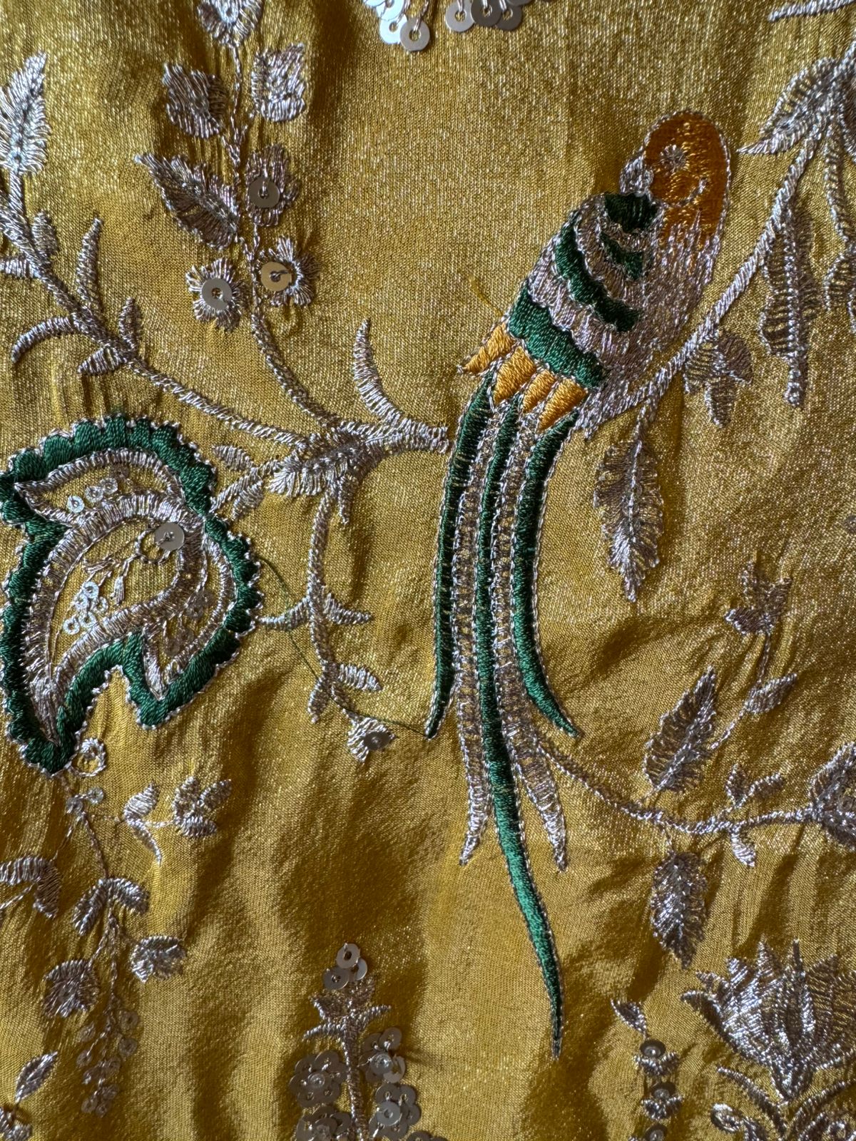 zardozi-style embroidery on shimmer tissue