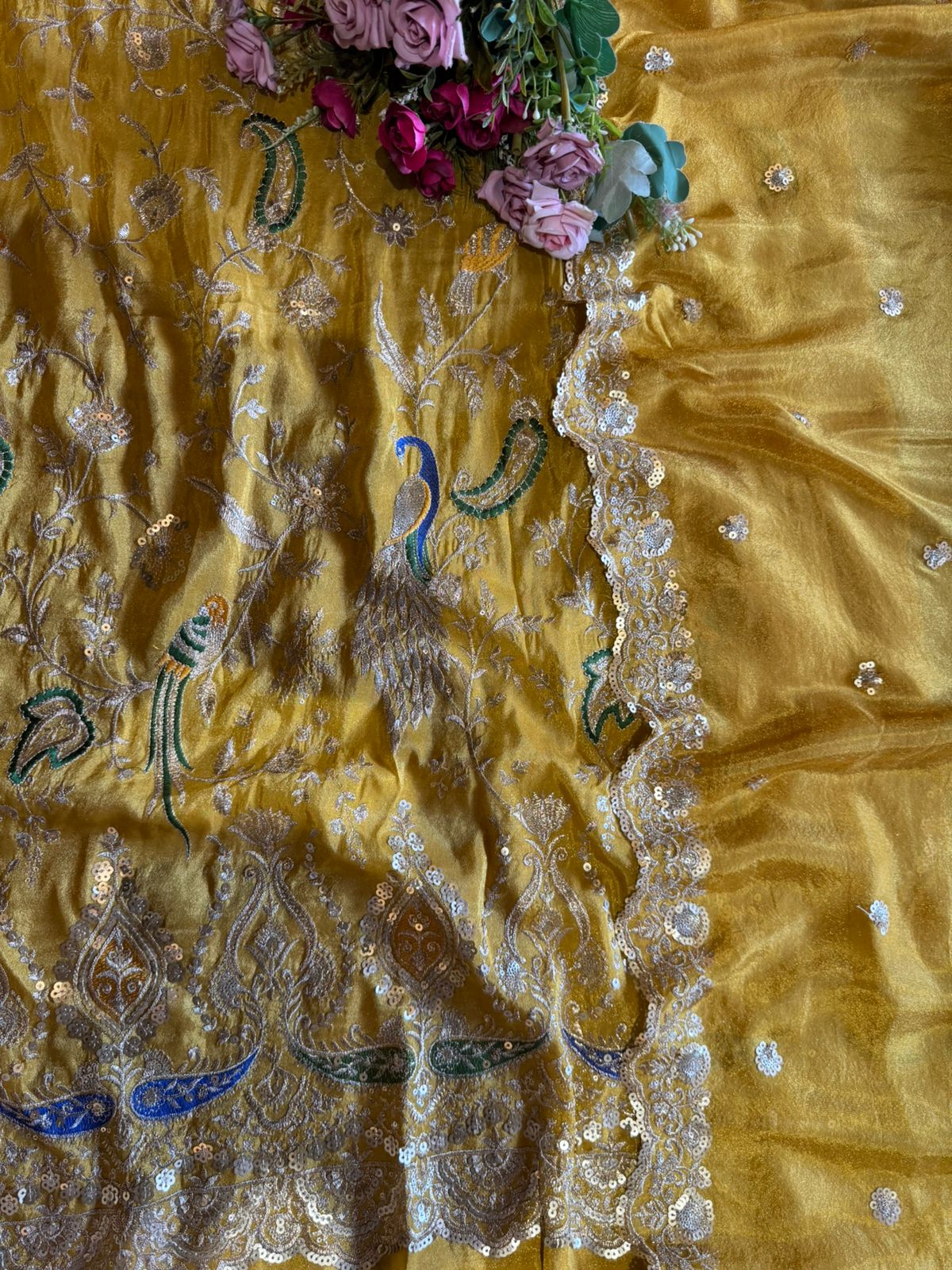 zardozi-style embroidery on shimmer tissue