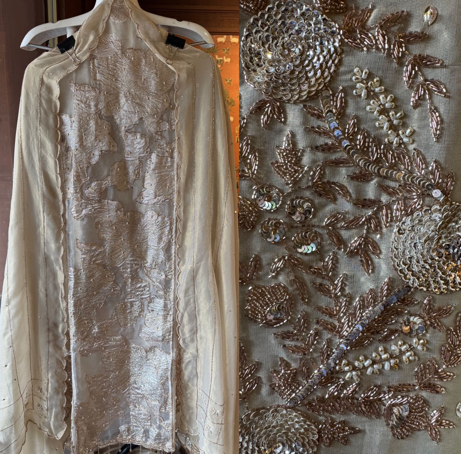 Presenting an elegant and heavily embellished beige/ivory Suit