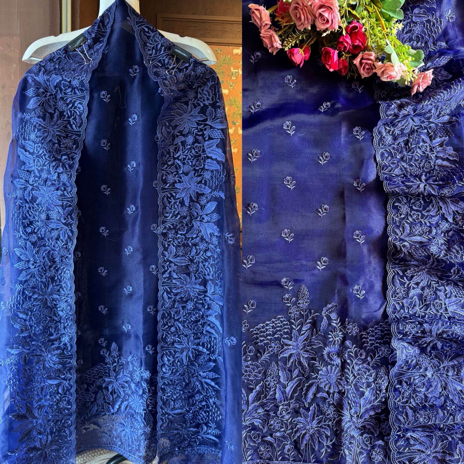 Pure Glass tissue Heavy floral thread embroidered Suit