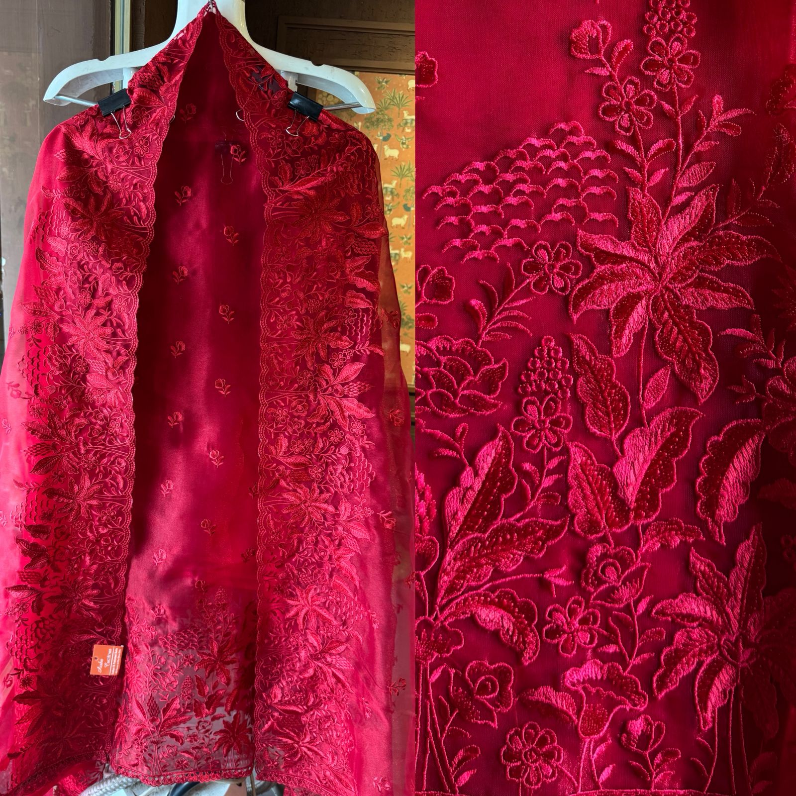 Pure Glass tissue Heavy floral thread embroidered Suit