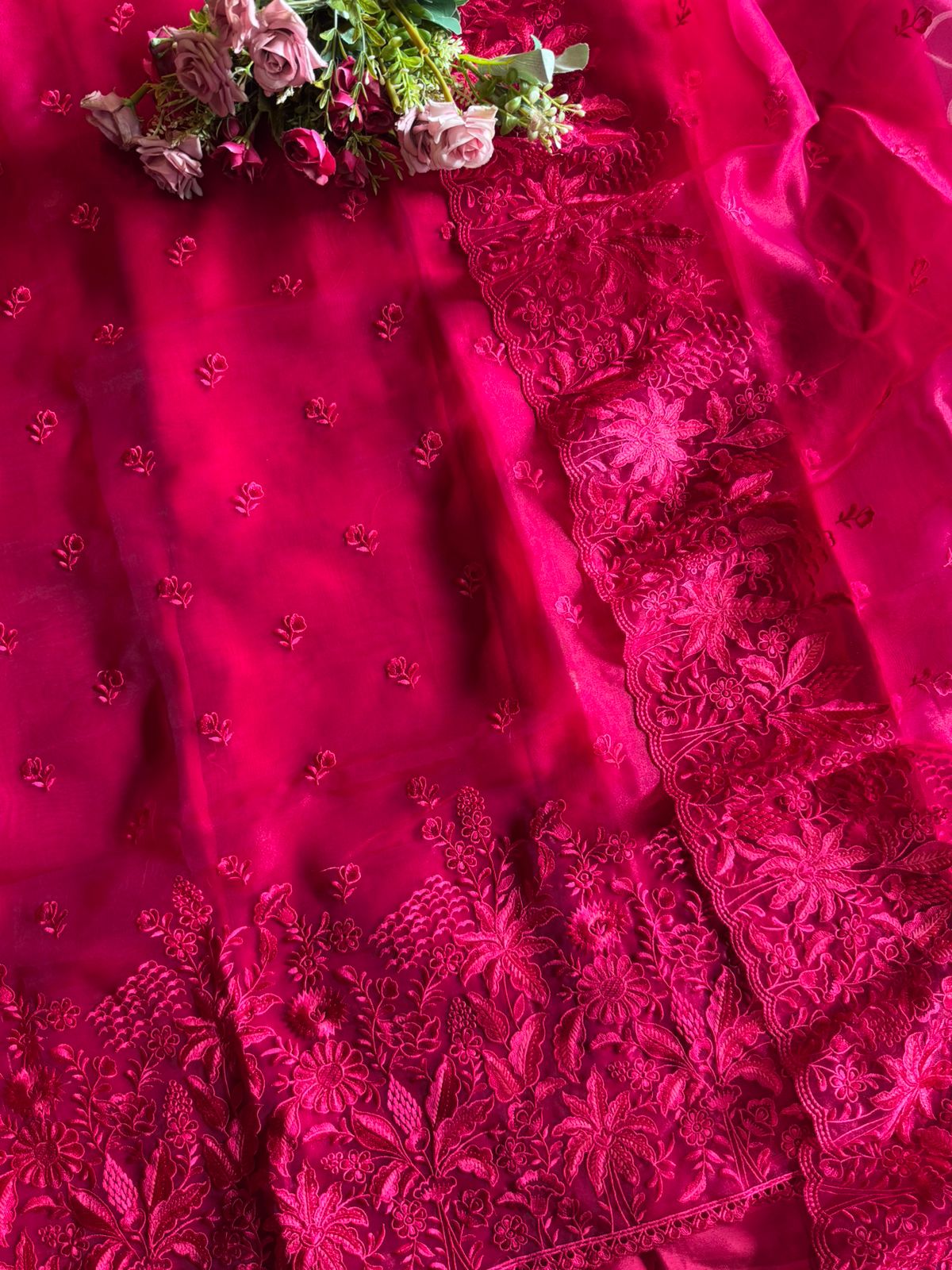 Pure Glass tissue Heavy floral thread embroidered Suit