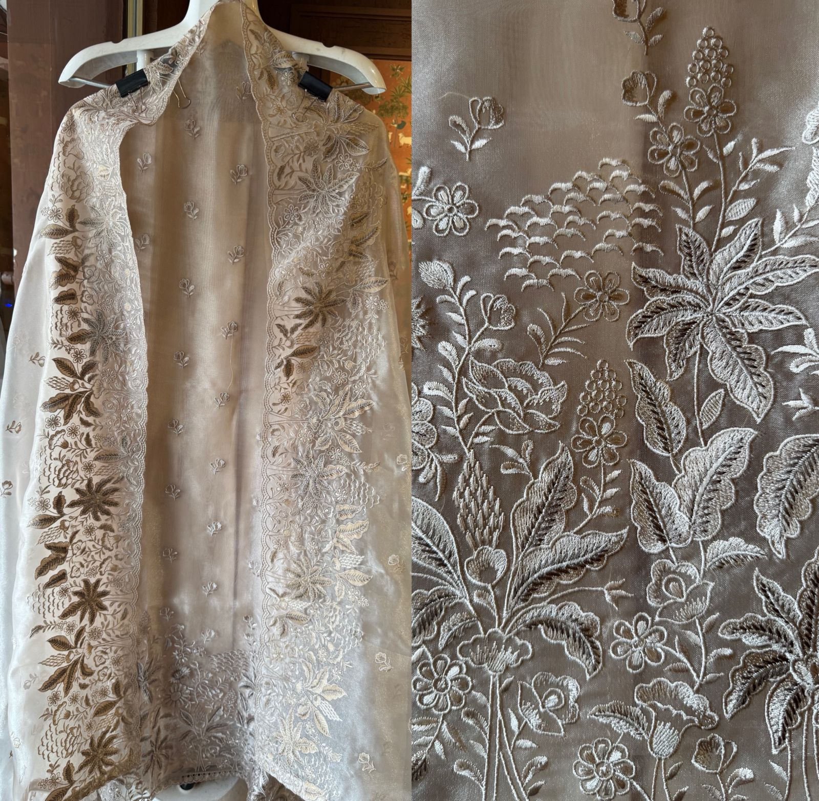 Pure Glass tissue Heavy floral thread embroidered Suit