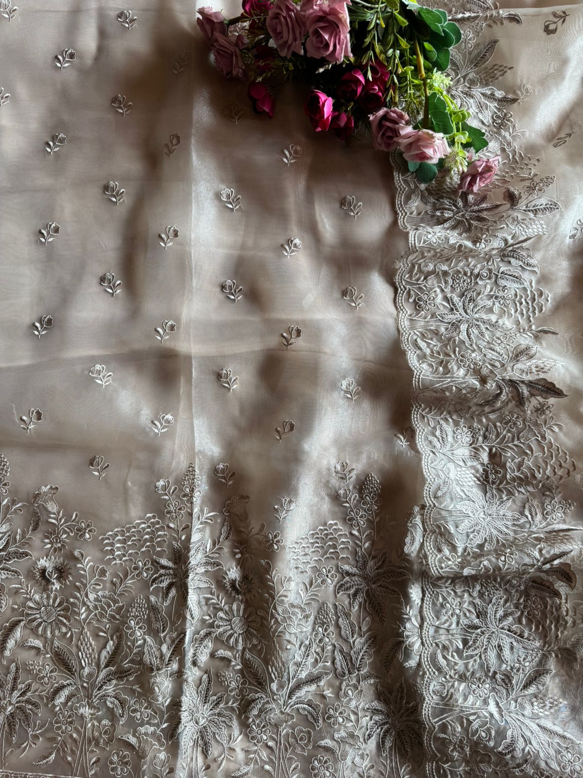 Pure Glass tissue Heavy floral thread embroidered Suit