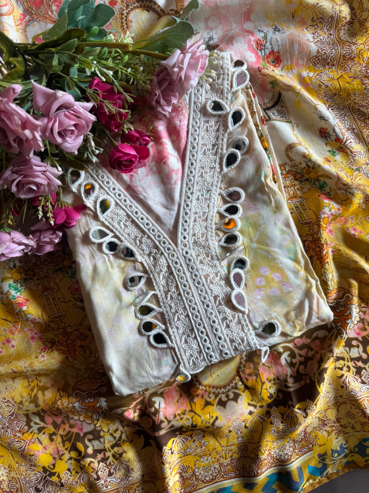 Digital print with mughal-inspired motifs and baroque floral patterns