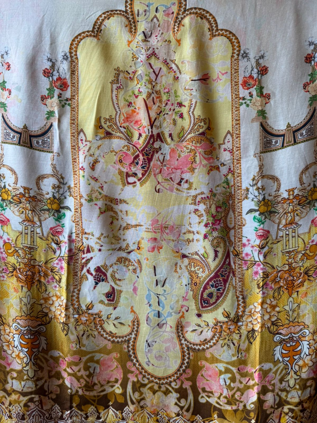 Digital print with mughal-inspired motifs and baroque floral patterns
