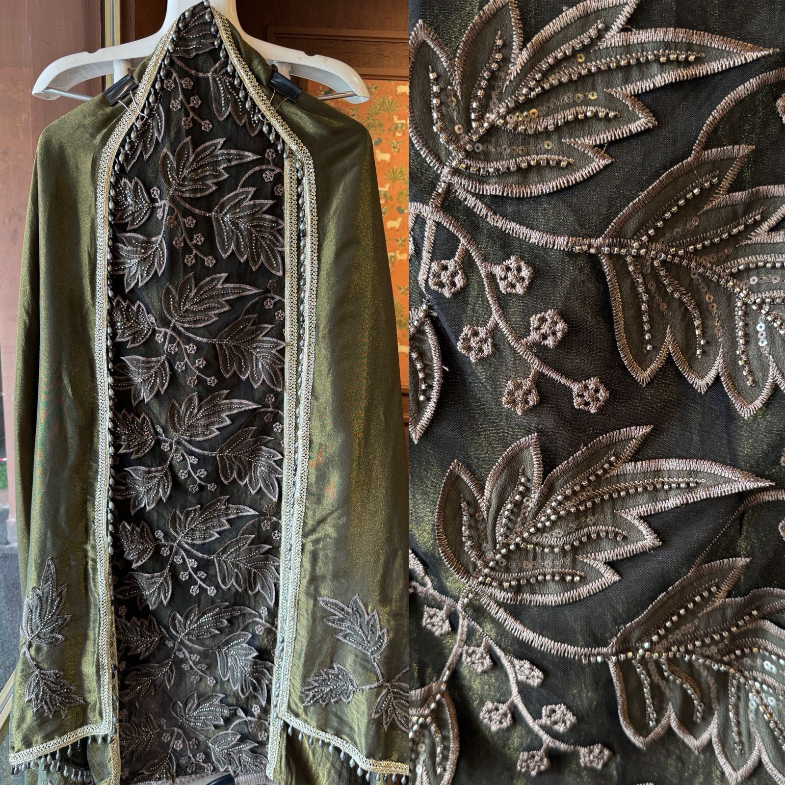 mesh/net fabric heavily embroidered with leaf and small floral motifs