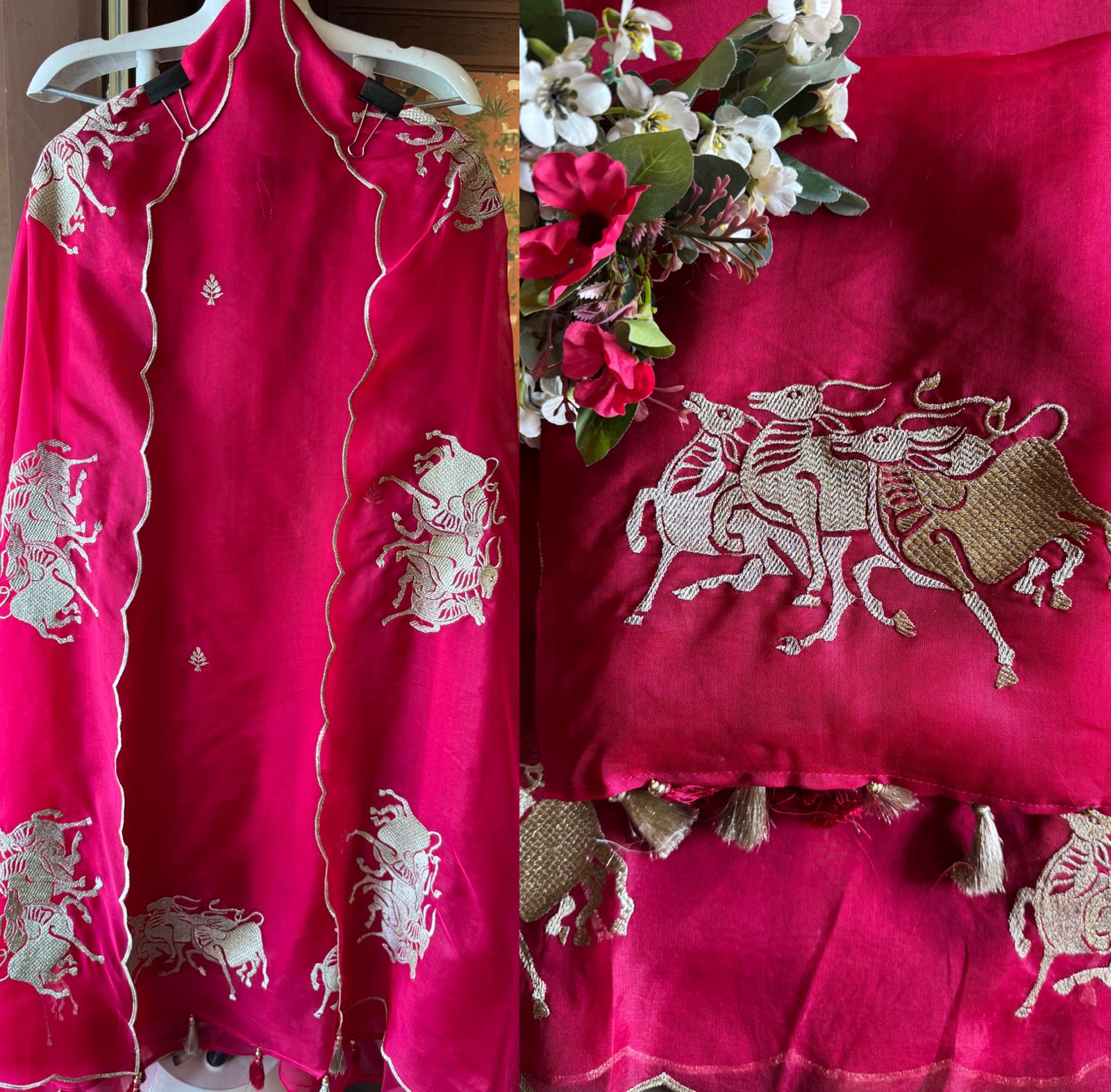 Dancing horse motifs, executed in golden zari