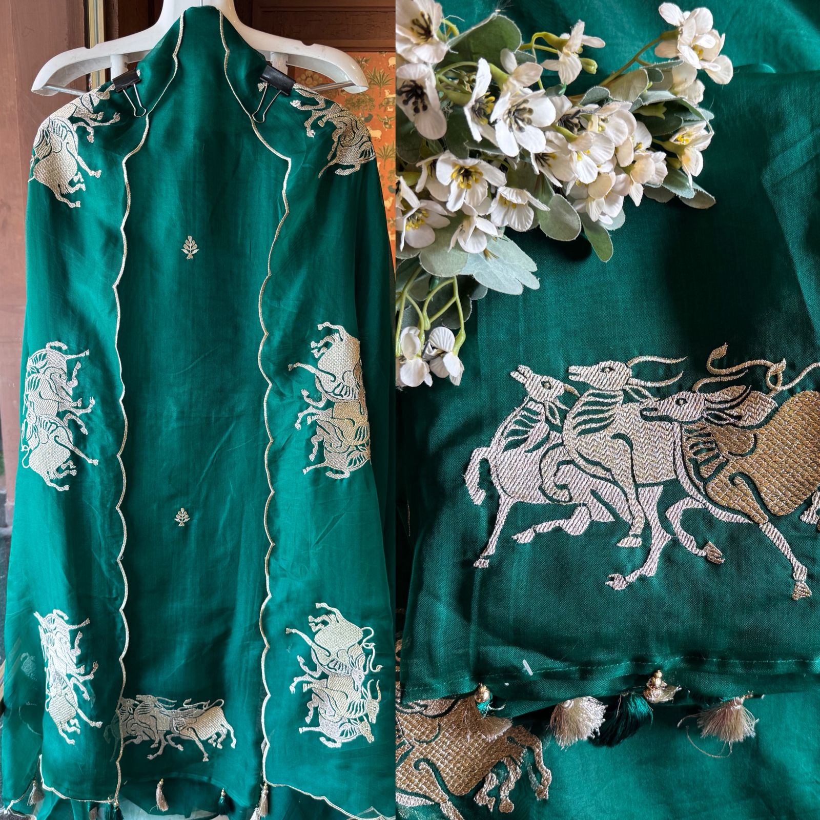 Dancing horse motifs, executed in golden zari